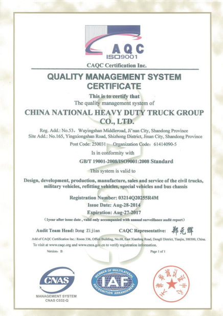 Cina Jinan Heavy Truck Import &amp; Export Co., Ltd. Sertifikasi